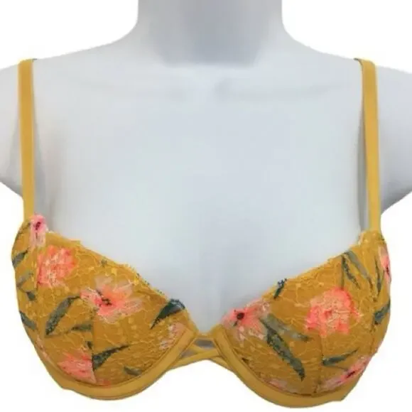 Victoria's Secret PINK Date Push Up Padded Yellow Floral Bra 34C - Picture 3 of 10